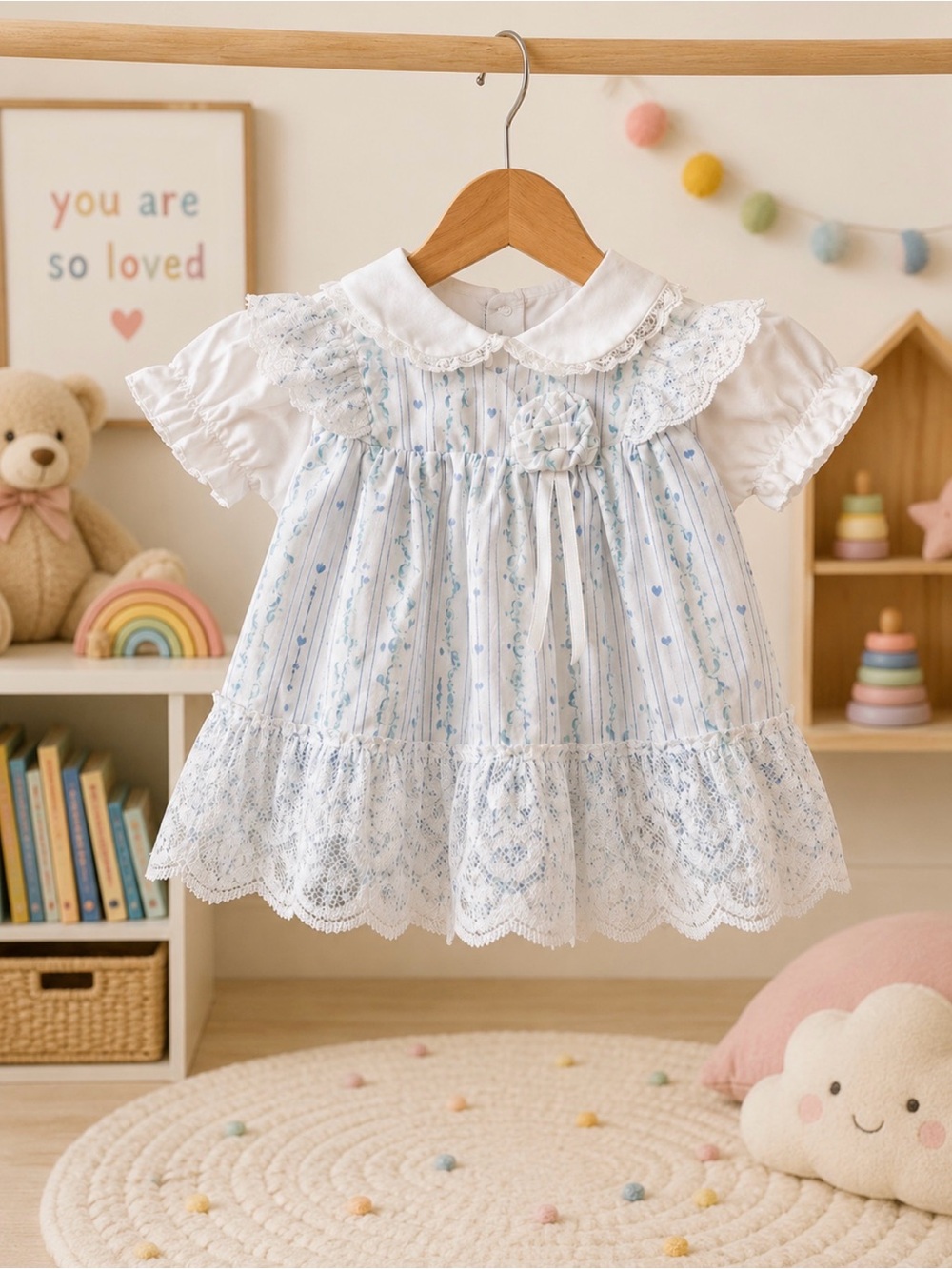 Vintage sears White & Light Blue Floral Lace Baby Dress size 0-6 months